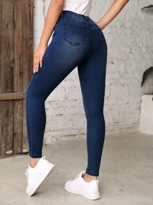 Jeans ajustados con bolsillo oblicuo - Azul lavado oscuro - Ver 2