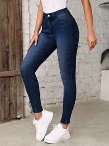 Jeans ajustados con bolsillo oblicuo - Azul lavado oscuro - Ver 3