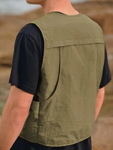 In My Nature 男士翻蓋口袋素色拉鏈開襟運動夾克背心 - 軍綠色 - 查看 2