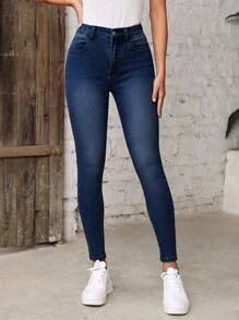 Jeans ajustados con bolsillo oblicuo - Azul lavado oscuro - Ver 4