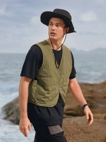 In My Nature 男士翻蓋口袋素色拉鏈開襟運動夾克背心 - 軍綠色 - 查看 3