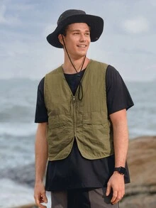 In My Nature 男士翻蓋口袋素色拉鏈開襟運動夾克背心 - 軍綠色 - 查看 5