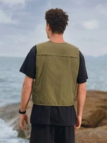 In My Nature 男士翻蓋口袋素色拉鏈開襟運動夾克背心 - 軍綠色 - 查看 6