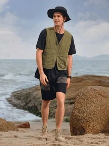 In My Nature 男士翻蓋口袋素色拉鏈開襟運動夾克背心 - 軍綠色 - 查看 7