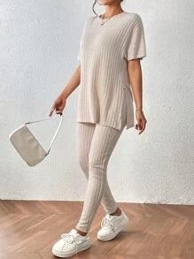 SHEIN Frenchy Bộ đồ hai mảnh nữ Chia Gân đan màu trơn Giải trí - Màu be - Xem 4