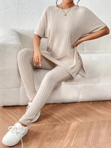 SHEIN Frenchy Bộ đồ hai mảnh nữ Chia Gân đan màu trơn Giải trí - Màu be - Xem 1