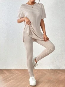 SHEIN Frenchy Bộ đồ hai mảnh nữ Chia Gân đan màu trơn Giải trí - Màu be - Xem 6