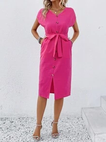 SHEIN LUNE 前紐扣蝙蝠袖繫腰帶連衣裙