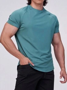 Manfinity Sport Corelite 男士字母圖案插肩袖運動T恤 - 綠色 - 查看 2