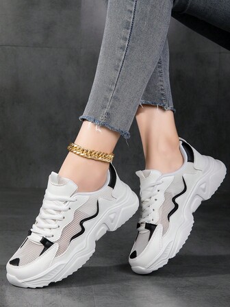 女士透氣繫帶雙色運動鞋,運動戶外網紗老爹鞋