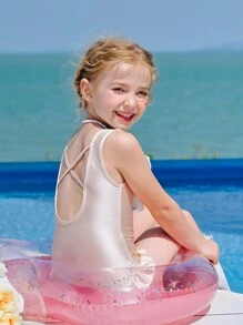 女童荷叶边蝴蝶结连体泳衣 - 粉色 - 查看 3