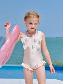女童荷叶边蝴蝶结连体泳衣 - 粉色 - 查看 4