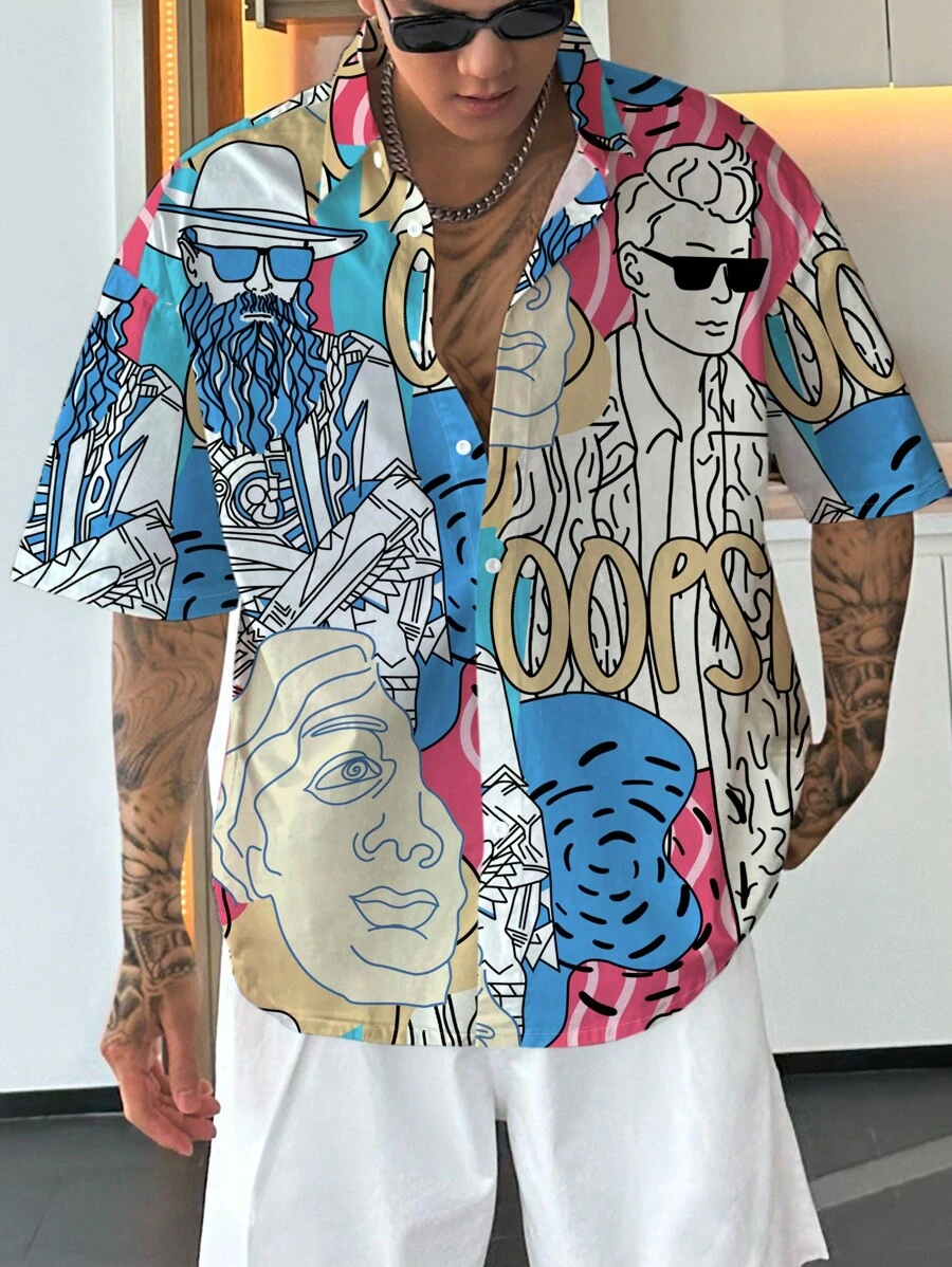 Manfinity Roghcode Áo sơ mi nam tay ngắn họa tiết hoạt hình có nút lên đầy màu sắc ngộ nghĩnh, áo sơ mi rộng thùng thình, quà tặng bạn trai - Nhiều màu - Xem 1