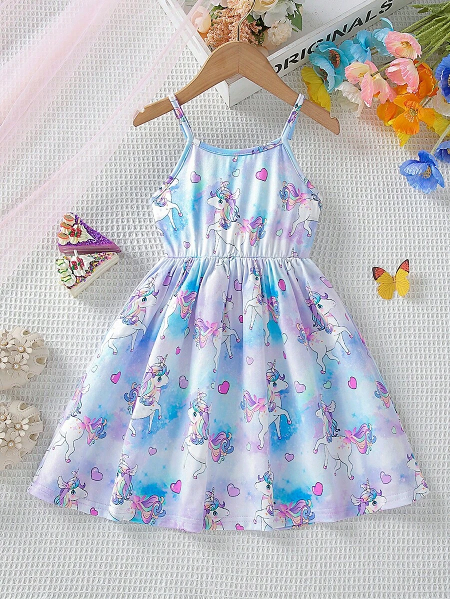 SHEIN 小女童獨角獸印花吊帶連衣裙 - 藍色 - 查看 1