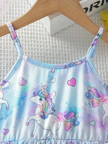 SHEIN 小女童獨角獸印花吊帶連衣裙 - 藍色 - 查看 3