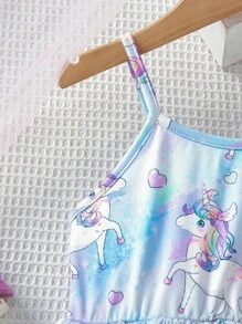 SHEIN 小女童獨角獸印花吊帶連衣裙 - 藍色 - 查看 4