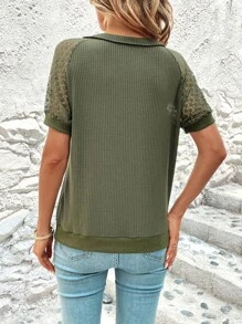 SHEIN LUNE 蕾絲拼接插肩袖前交叉運動衫 - 軍綠色 - 查看 2