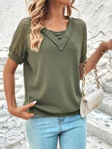 SHEIN LUNE 蕾絲拼接插肩袖前交叉運動衫 - 軍綠色 - 查看 3