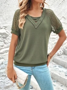 SHEIN LUNE 蕾絲拼接插肩袖前交叉運動衫 - 軍綠色 - 查看 4