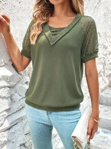 SHEIN LUNE 蕾絲拼接插肩袖前交叉運動衫 - 軍綠色 - 查看 5