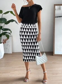 SHEIN Privé Bộ đồ hai mảnh nữ Chia Hình học Giải trí - Đen và trắng - Xem 5