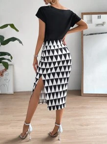 SHEIN Privé Bộ đồ hai mảnh nữ Chia Hình học Giải trí - Đen và trắng - Xem 2