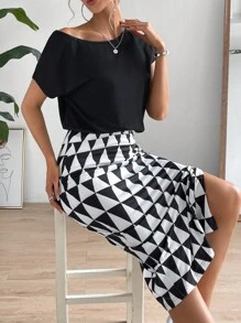 SHEIN Privé Bộ đồ hai mảnh nữ Chia Hình học Giải trí - Đen và trắng - Xem 4