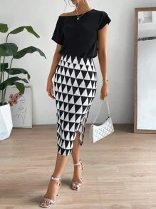 SHEIN Privé Bộ đồ hai mảnh nữ Chia Hình học Giải trí - Đen và trắng - Xem 6