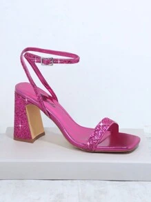 Glitter Ankle Strap Heeled Sandals - Red Violet - View 2