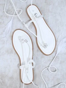Faux Leather Lace Up Thong Flat Sandals - White - View 2