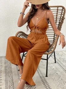 SHEIN VCAY Summer Beach Woman Tie Front Cut Out Linen Wrinkle Easily Cami Jumpsuit - Rust Brown - View 2