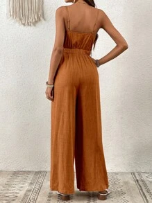 SHEIN VCAY Summer Beach Woman Tie Front Cut Out Linen Wrinkle Easily Cami Jumpsuit - Rust Brown - View 3