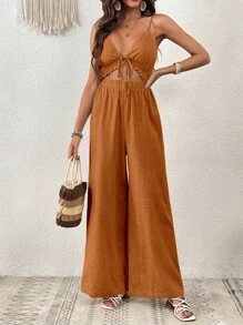 SHEIN VCAY Summer Beach Woman Tie Front Cut Out Linen Wrinkle Easily Cami Jumpsuit - Rust Brown - View 5