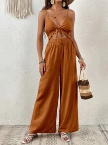 SHEIN VCAY Summer Beach Woman Tie Front Cut Out Linen Wrinkle Easily Cami Jumpsuit - Rust Brown - View 7