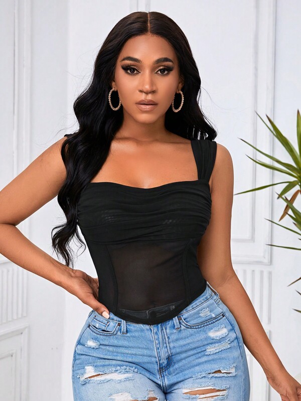 SHEINNeu Off Shoulder Ruched Mesh Top SHEIN USA