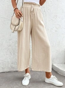 SHEIN LUNE Nếp gấp cao eo Nút phía trước Quần chân thẳng - Màu be - Xem 3