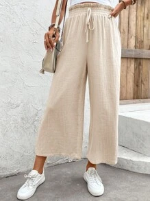 SHEIN LUNE Nếp gấp cao eo Nút phía trước Quần chân thẳng - Màu be - Xem 4