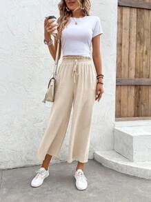 SHEIN LUNE Nếp gấp cao eo Nút phía trước Quần chân thẳng - Màu be - Xem 5