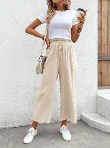 SHEIN LUNE Nếp gấp cao eo Nút phía trước Quần chân thẳng - Màu be - Xem 7