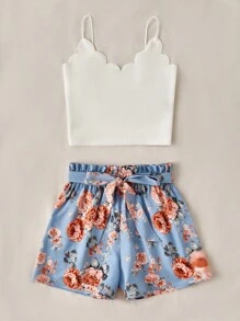 SHEIN VCAY Scallop Trim Cami Top & Floral Print Paperbag Waist Belted Shorts - Baby Blue - View 3