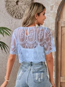 SHEIN LUNE Scallop Trim Embroidery Mesh Top Without Bra - Blue - View 2