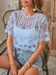 SHEIN LUNE Scallop Trim Embroidery Mesh Top Without Bra - Blue - View 5