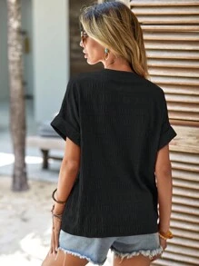 SHEIN LUNE Notched Neck Batwing Sleeve Blouse - Black - View 2