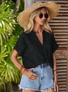 SHEIN LUNE Notched Neck Batwing Sleeve Blouse - Black - View 3