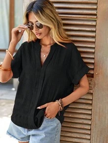 SHEIN LUNE Notched Neck Batwing Sleeve Blouse - Black - View 4