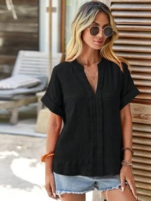 SHEIN LUNE Notched Neck Batwing Sleeve Blouse - Black - View 5