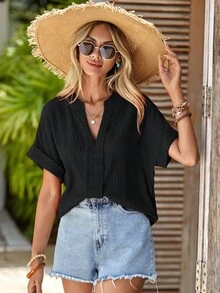 SHEIN LUNE Notched Neck Batwing Sleeve Blouse - Black - View 7