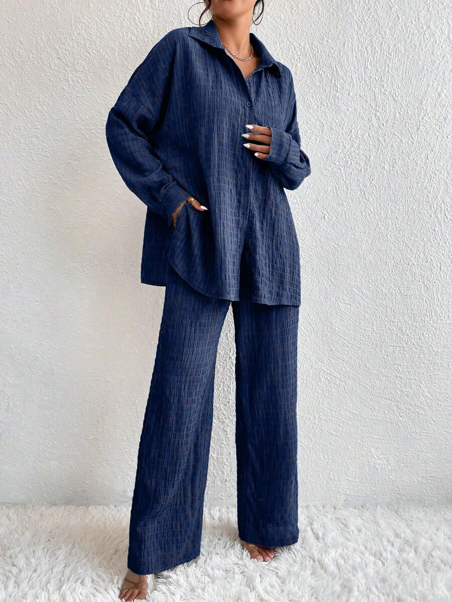 EMERY ROSE Solid Drop Shoulder Shirt & Wide Leg Trousers - Navy Blue - View 1