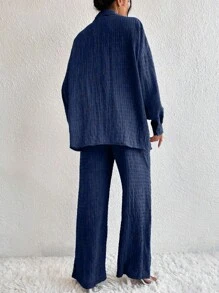 EMERY ROSE Solid Drop Shoulder Shirt & Wide Leg Trousers - Navy Blue - View 2