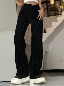 Star Pattern Straight Leg Jeans - Black - View 1